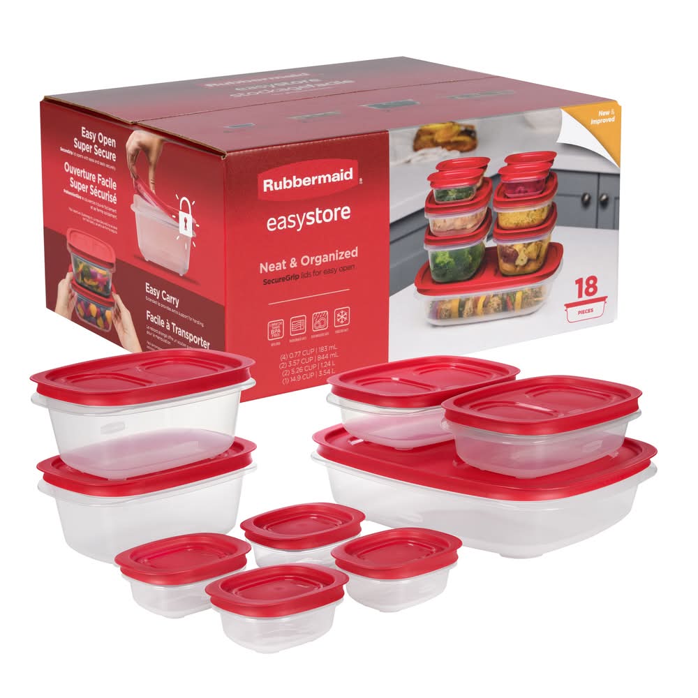 Rubbermaid Easy Store Rectangle Food Storage Container Set, L, Red (18 ct)