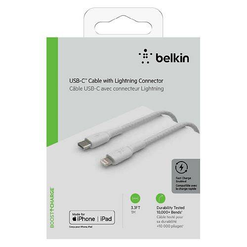 Belkin Braided USB-C to Lightning Cable (1m / 3.3ft, White) - 1.0 ea