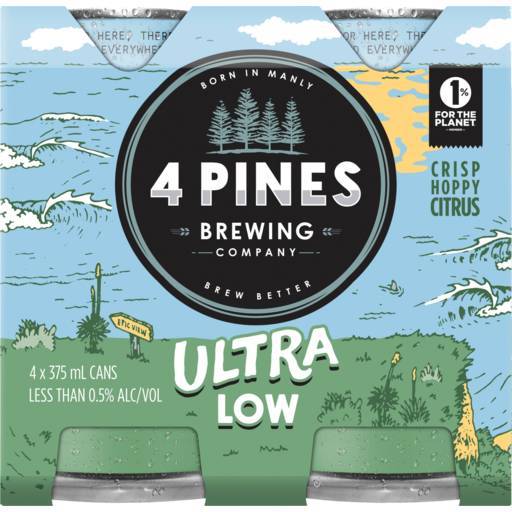 4 Pines Brewing Company Ultra LowAlcohol Crisp Hoppy CitrusBeer 4x375ml