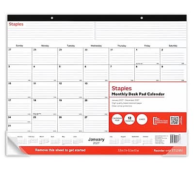 2027 Staples 21.75 x 17 Monthly Desk Pad Calendar, Black (ST12951-27)
