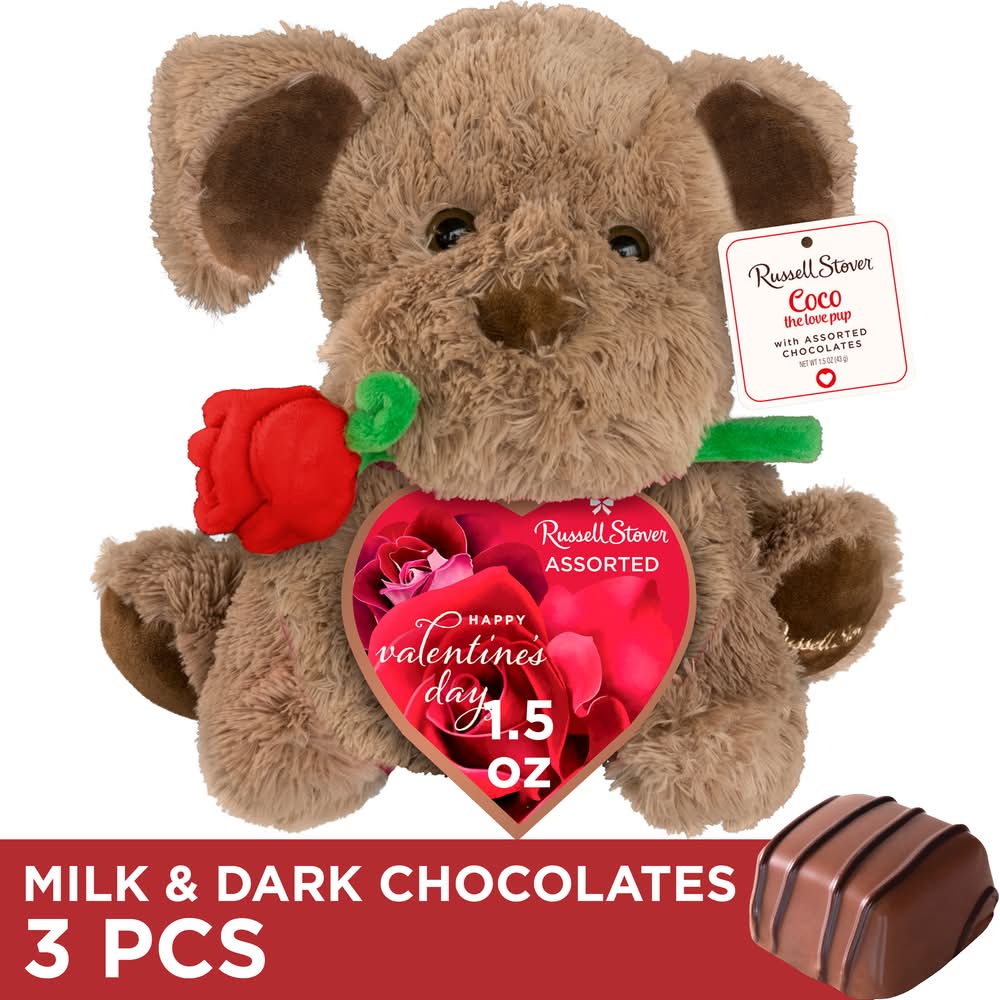 Russell Stover Valentine's Day Coco the Love Pup Plush With Chocolate Gift Box, Dark Chocolate Coconut Crème-Milk Chocolate Caramel-Milk Chocolate Vanilla Crème (1.5 oz, 3 ct)