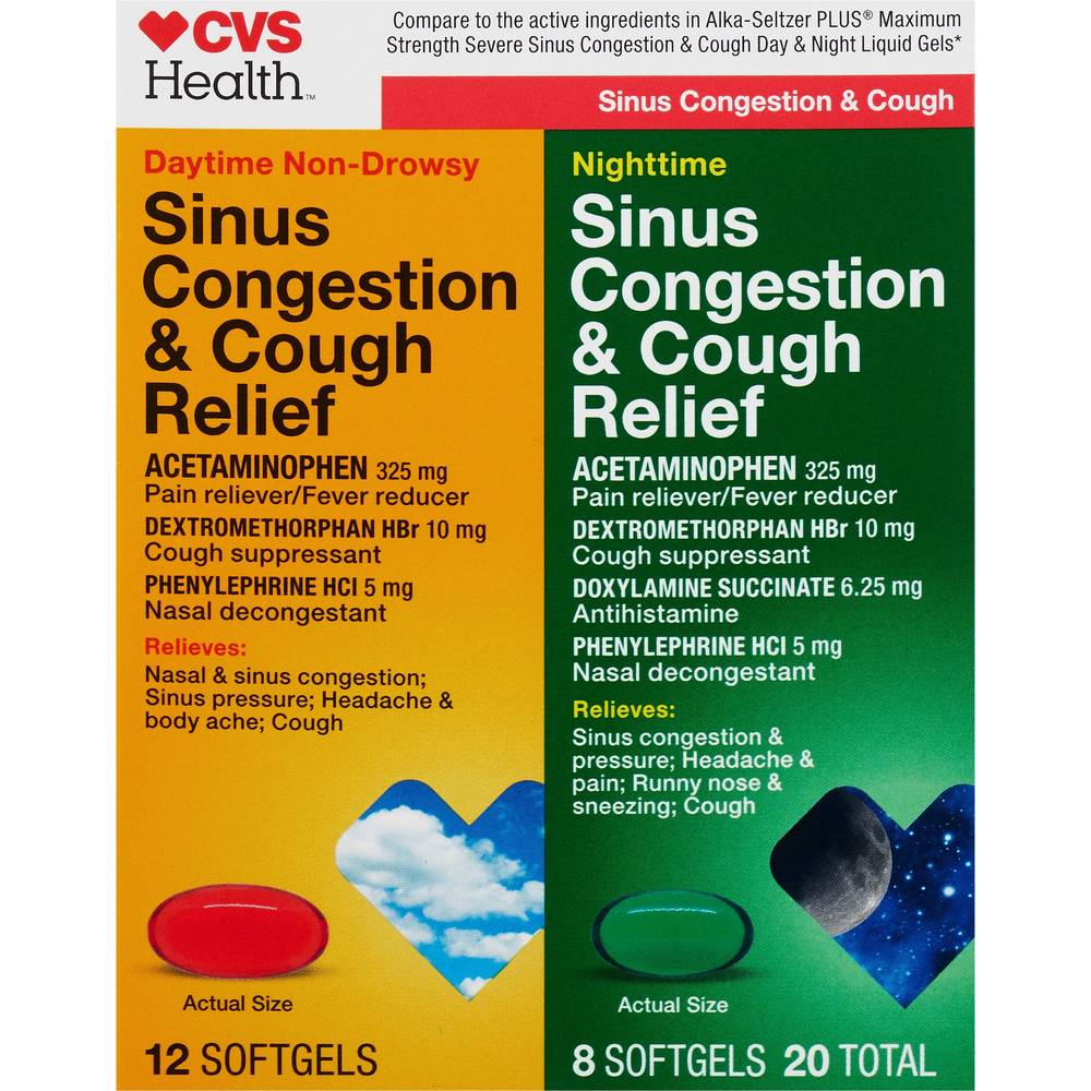 CVS Health Day + Nighttime Sinus Congestion & Cough Relief Softgel Combo Pack, 20 CT
