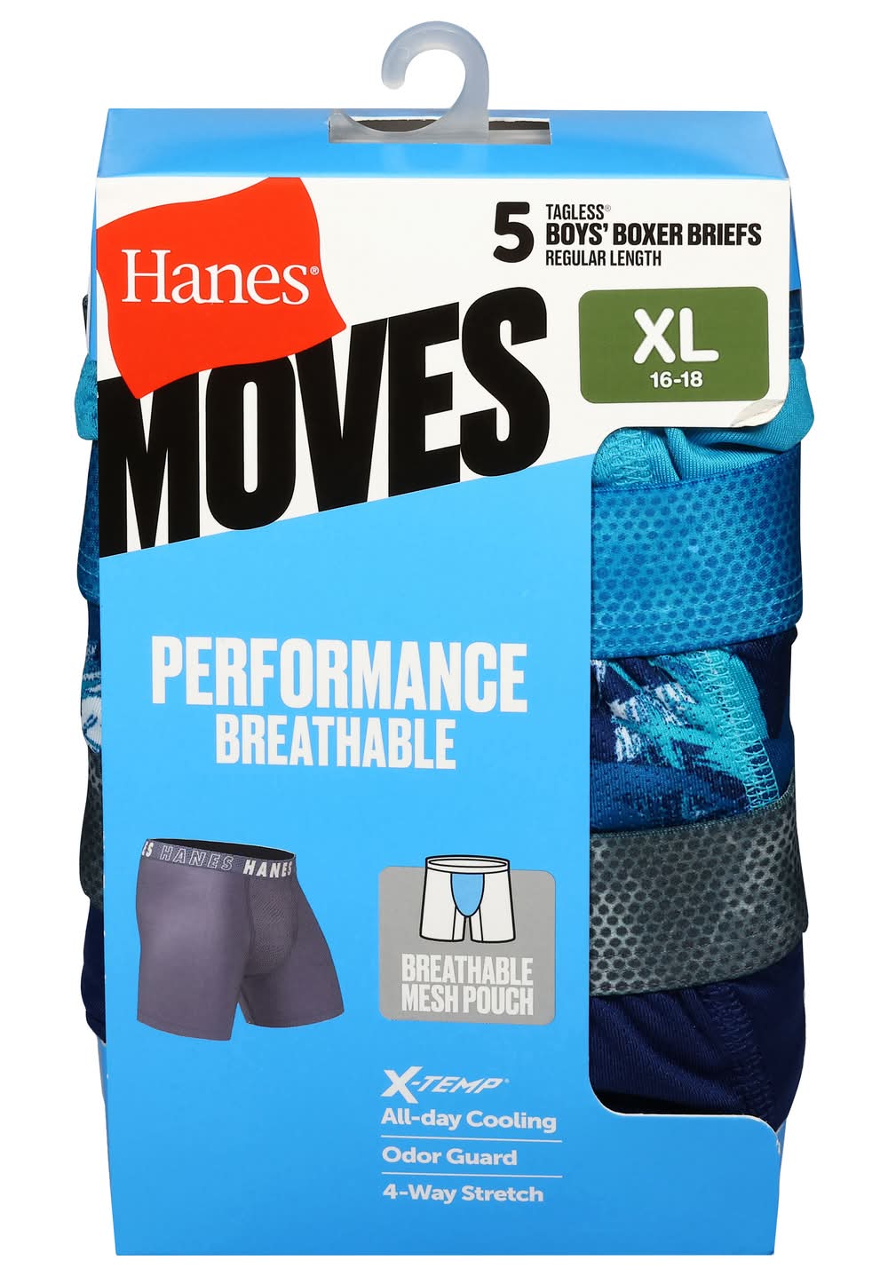 Hanes Boy's Tagless 4-way Stretch Pull-On Waistband X-Temp Boxer Briefs, XL, Blue (5 ct)
