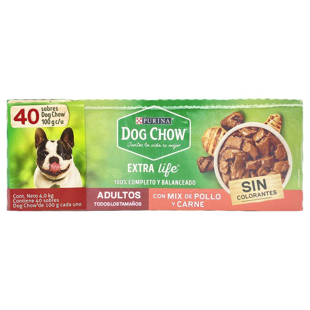 Dog chow alimento extra life adulto sabor pollo y carne (pack 40 x 100 g)