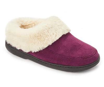 Women's L Aubergine Faux Fur-Cuff Microfiber Faux Suede Clog Slippers