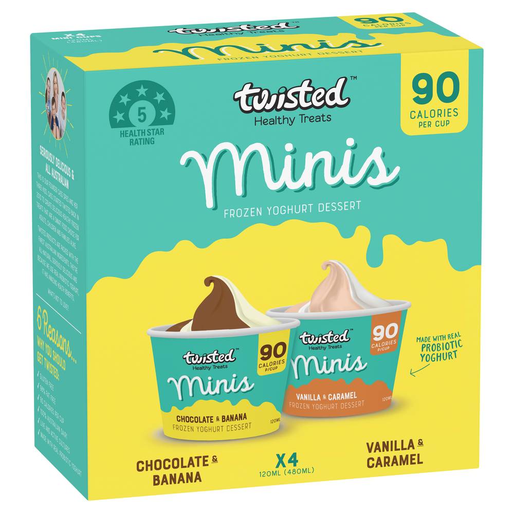 Twisted Minis Frozen Yoghurt Dessert, Chocolate & Banana - Vanilla & Caramel (120mL, 4 pack)