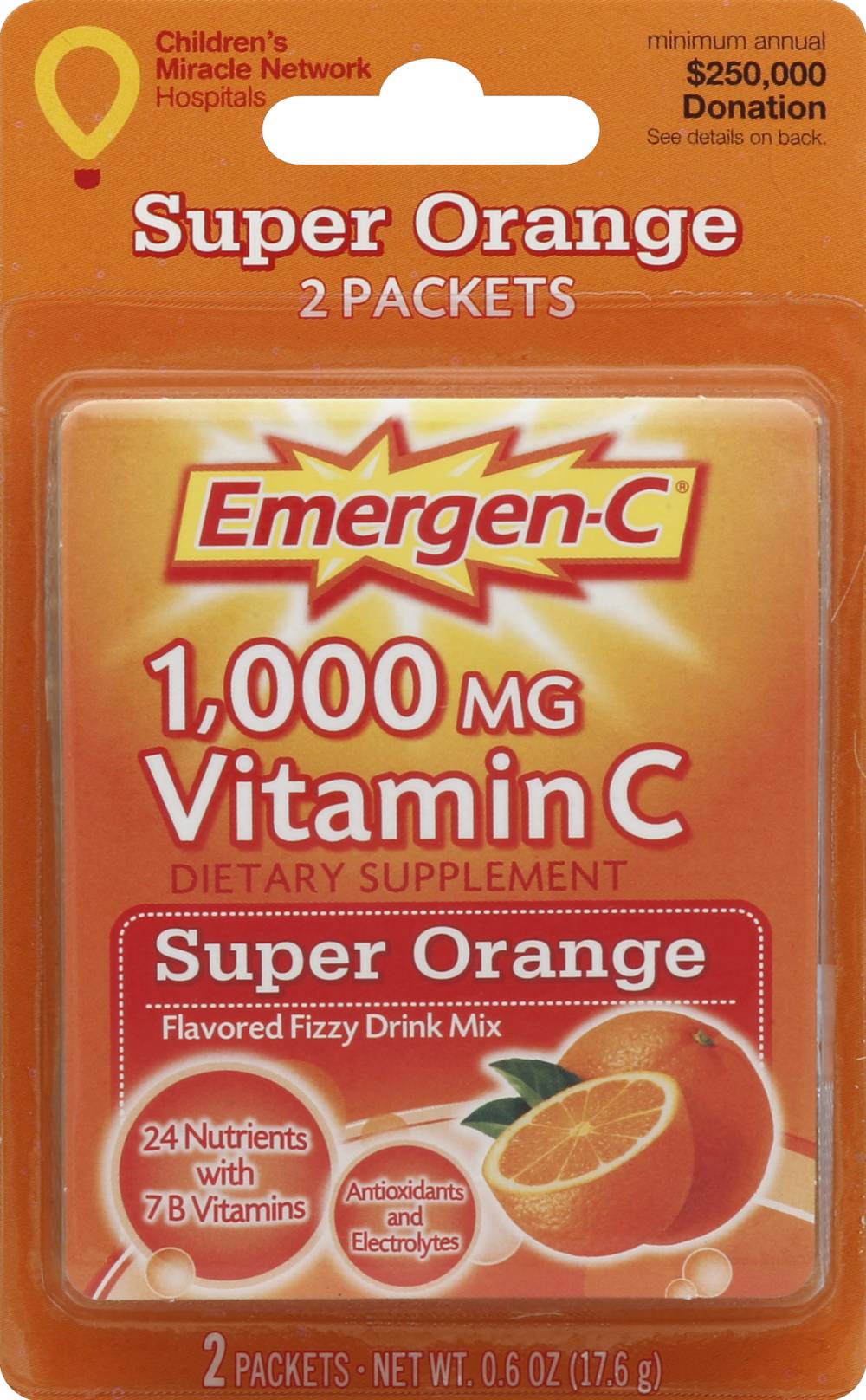 Emergen-C Vitamin C Super Orange Dietary Supplement, Orange (0.6 oz, 2 ct)