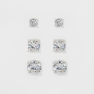 A New Day Fashion Trio Crystal Round Stud Earring Set, Women, Silver (3 ct)