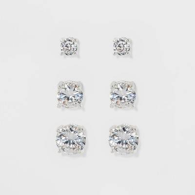 A New Day Fashion Trio Crystal Round Stud Earring Set, Women, Silver (3 ct)