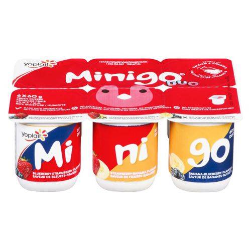 Yoplait duo bleuet / fraise / banane (6 x 60 g) - minigo duo assorted flavoured yogurts (6 x 60 g)