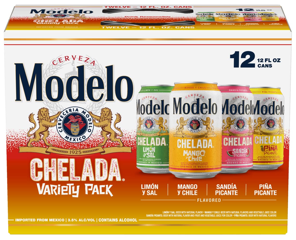 Modelo Chelada Mexican Import Beer Variety pack, Limon Y Sal-Mango Y Chile-Sandia Picante-Pina Picante (12 x 12 fl oz)