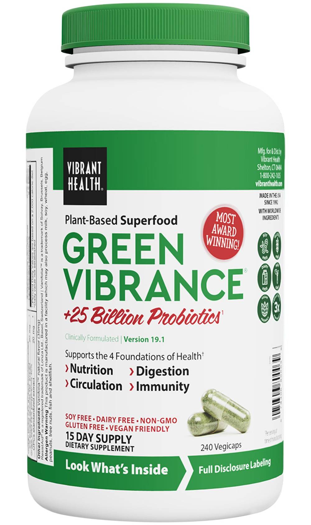 Green Vibrance Plant-Based Superfood Powder + 25 Billion Probiotics (240 Vegetable Capsules)