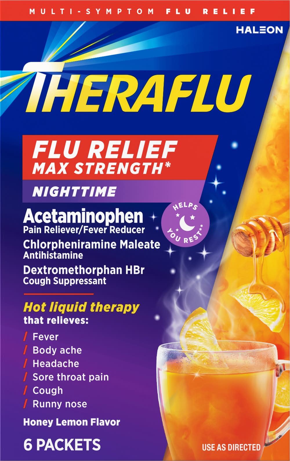 Theraflu Max Strength Nighttime Acetaminophen Flu Relief Pouches, Honey Lemon (6 ct)
