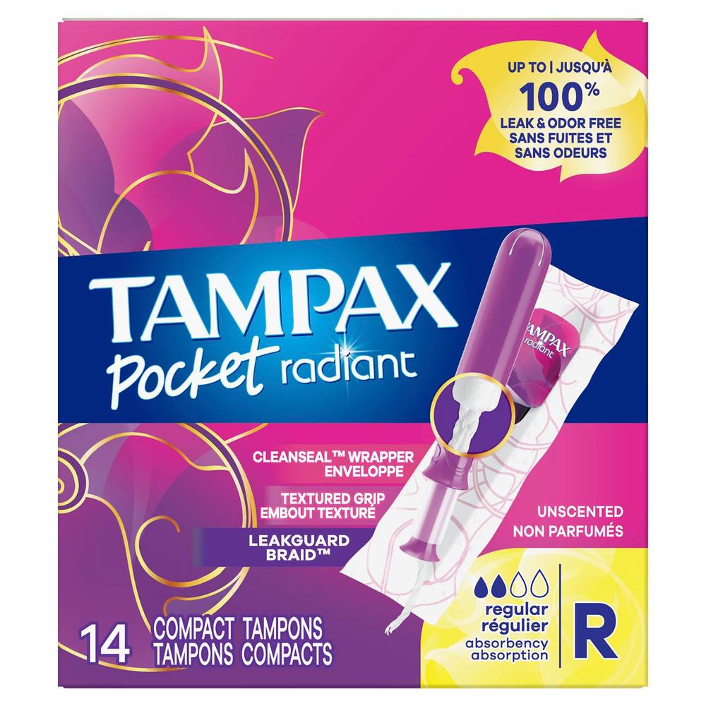 Tampax Pocket Radiant Compact Tampons Regular Absorbency, Unscented, 14 Count