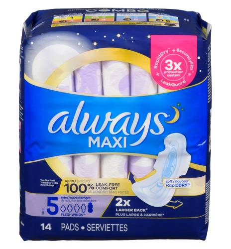 Always Maxi Extra Heavy Overnight Pads With Wings, 5 (14 ct)
