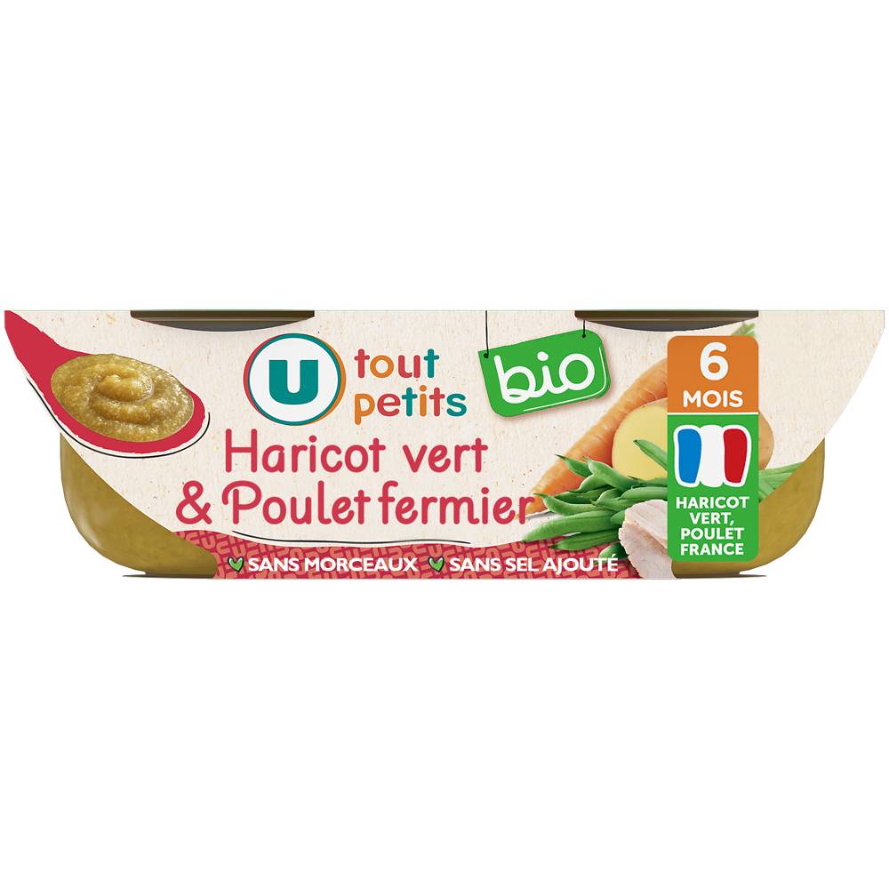 Les Produits U - Tot petit bio plats bébé bols haricots verts poulet dès 6 mois (400g)