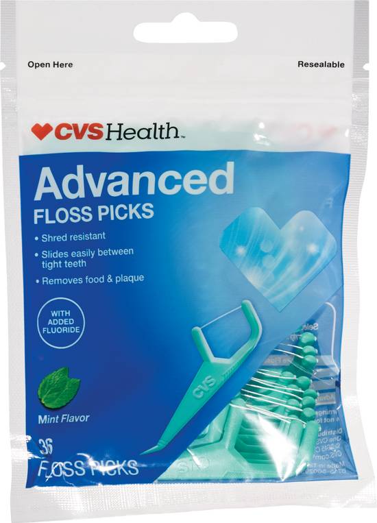 CVS Health Advanced Floss Picks Mouthwash Mint, 36CT
