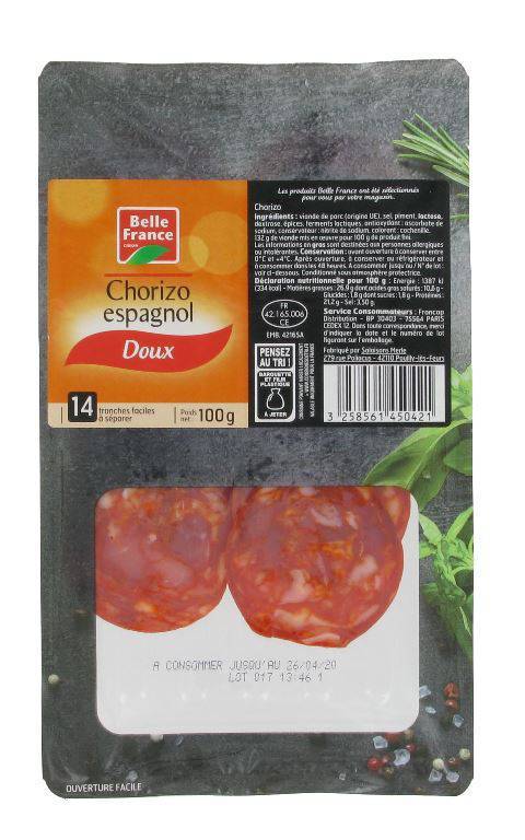 Chorizo doux 14 tranches bf barquette 100 g