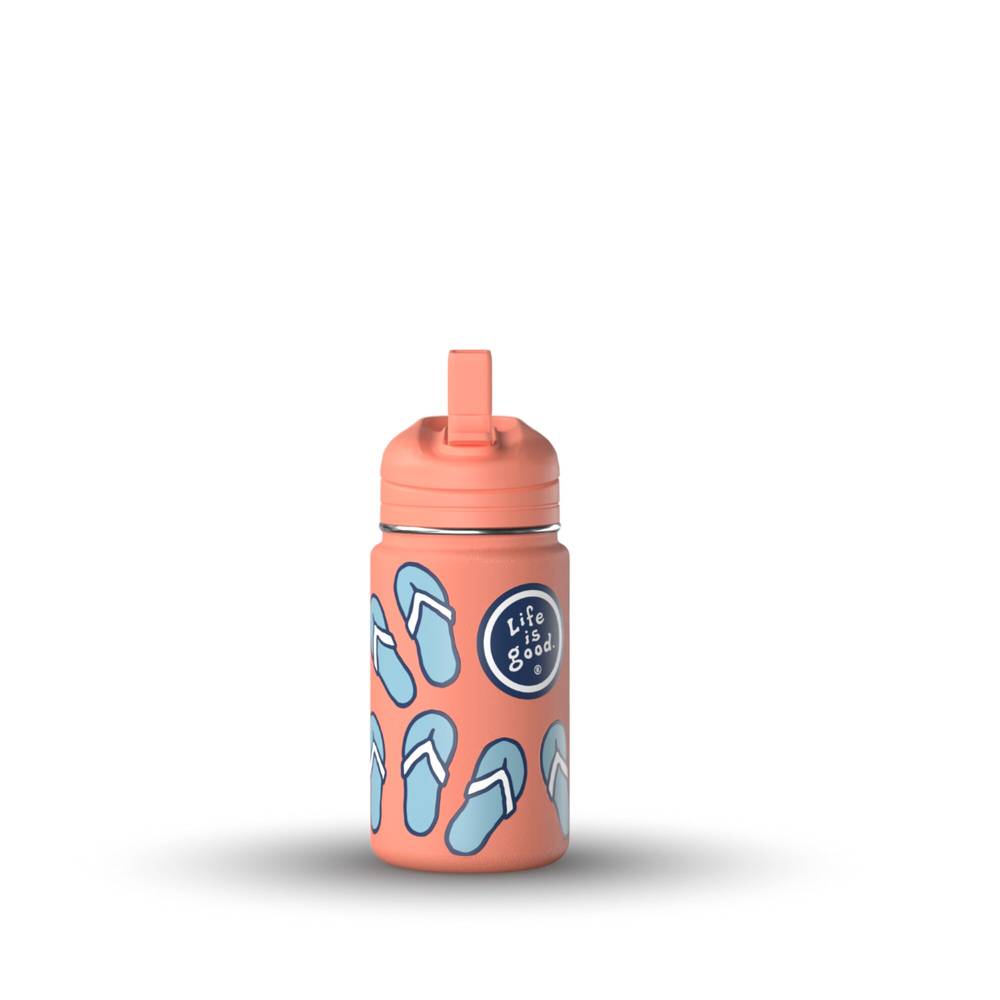 Life Is Good Kid's Water Bottle with Straw Lid, Flip Flops, 14 oz