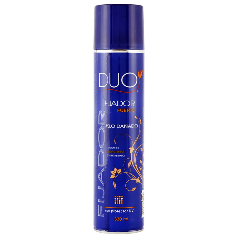 Duo laca (fijador fuerte, con protector uv, aplicar en cabellos dañados, teñidos o con permanentes, spray 330 cc.)