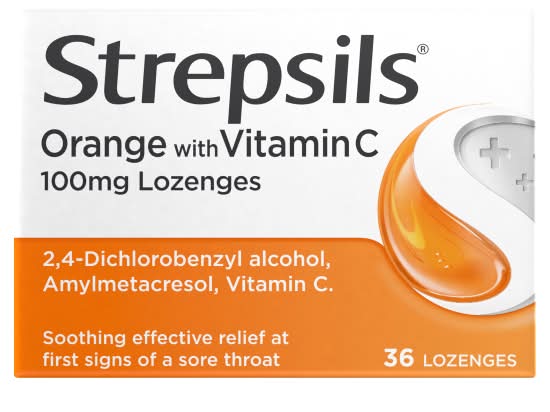 Strepsils Orange + Vitamin C Lozenges For Sore Throat (113.11g)