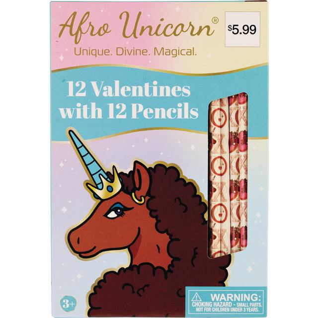 Afro Unicorn Valentines With Pencils, 12ct