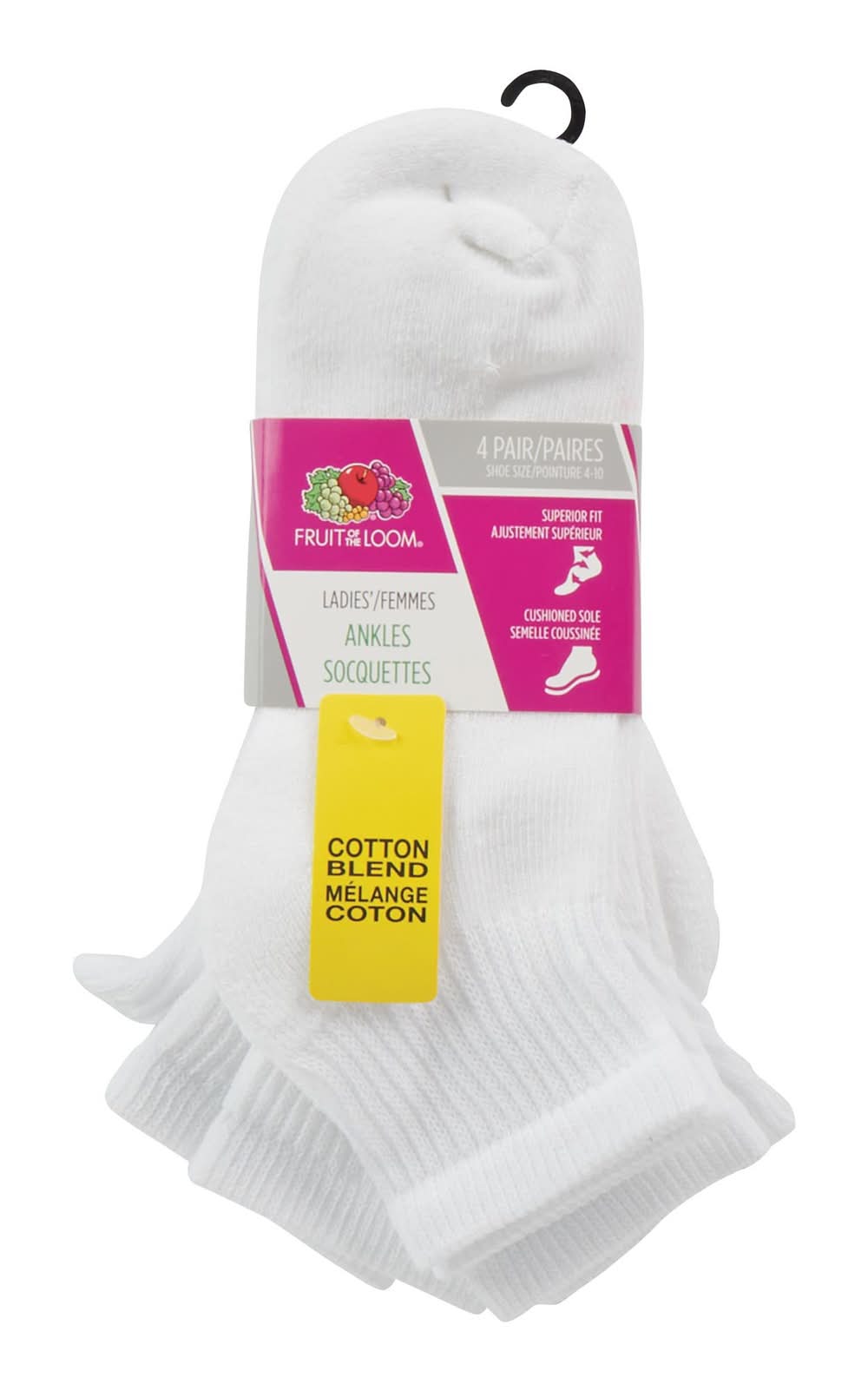 Fruit of the Loom Ankle Socks, Women, Size 4-10, White (4 ct)