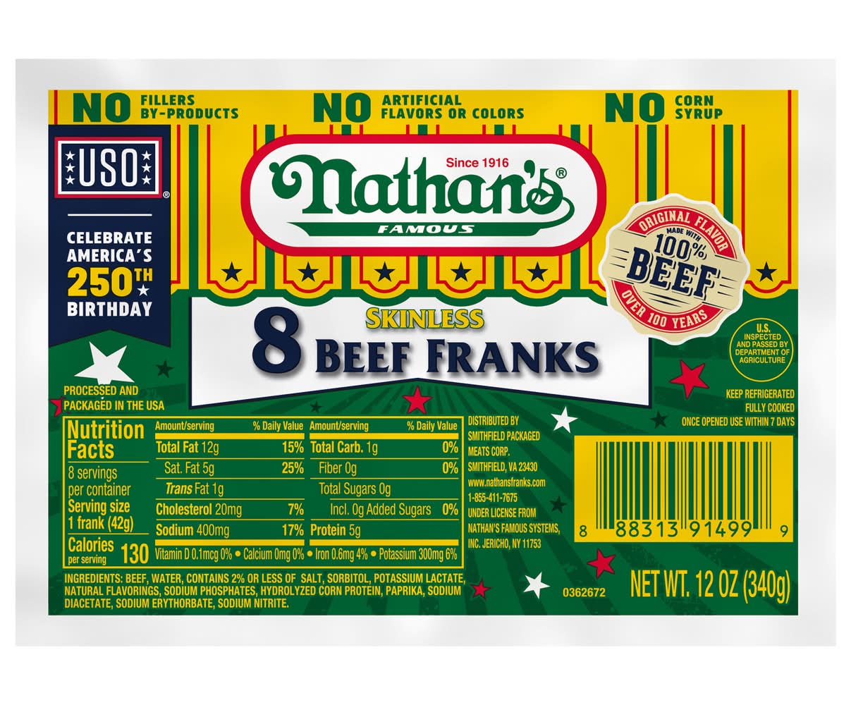 Nathan's Famous Skinless Beef Franks (12 oz, 8 ct)