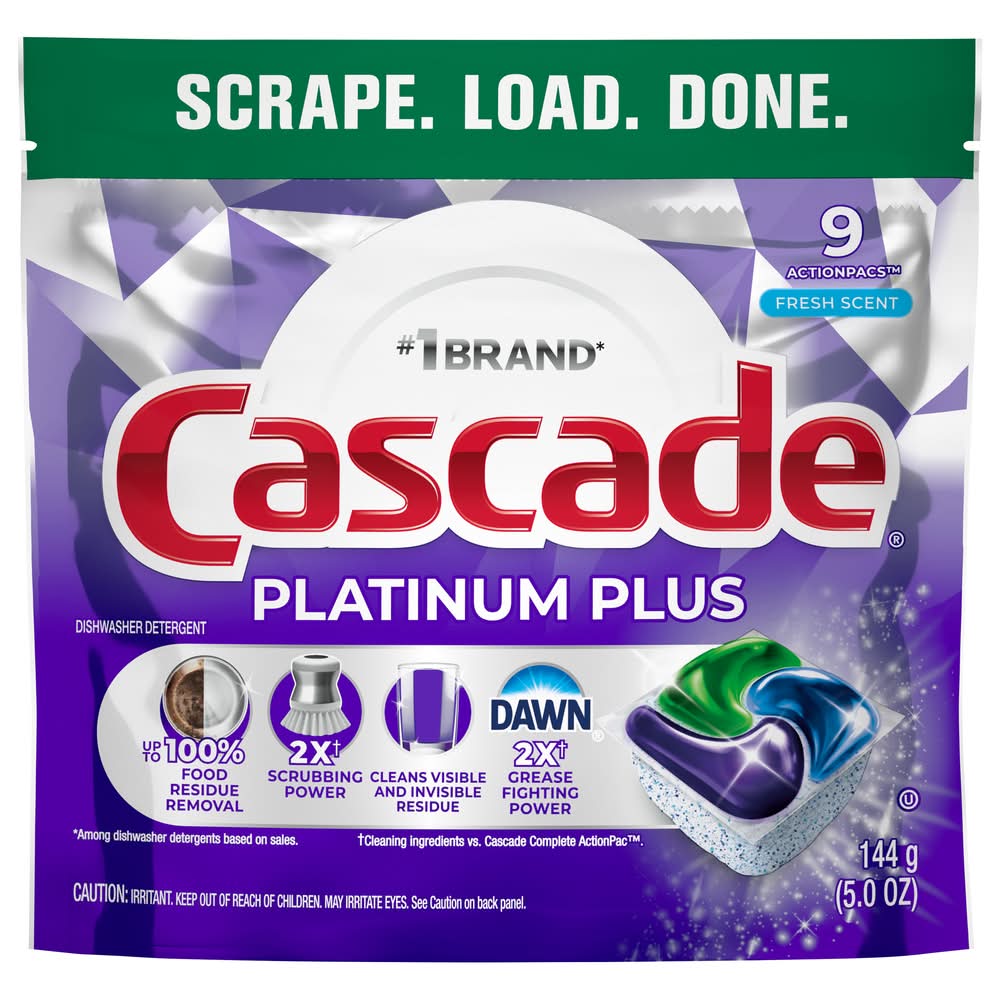 Cascade Actionpacs Platinum Plus Dishwasher Detergent Soap (5 oz, 9 ct)