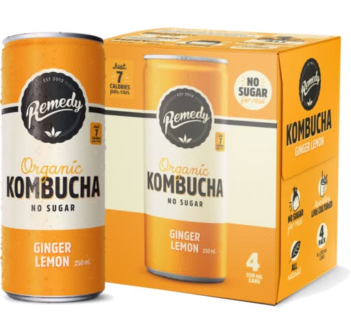 Remedy Organic Kombucha Tea, Ginger Lemon (4 x 250mL)