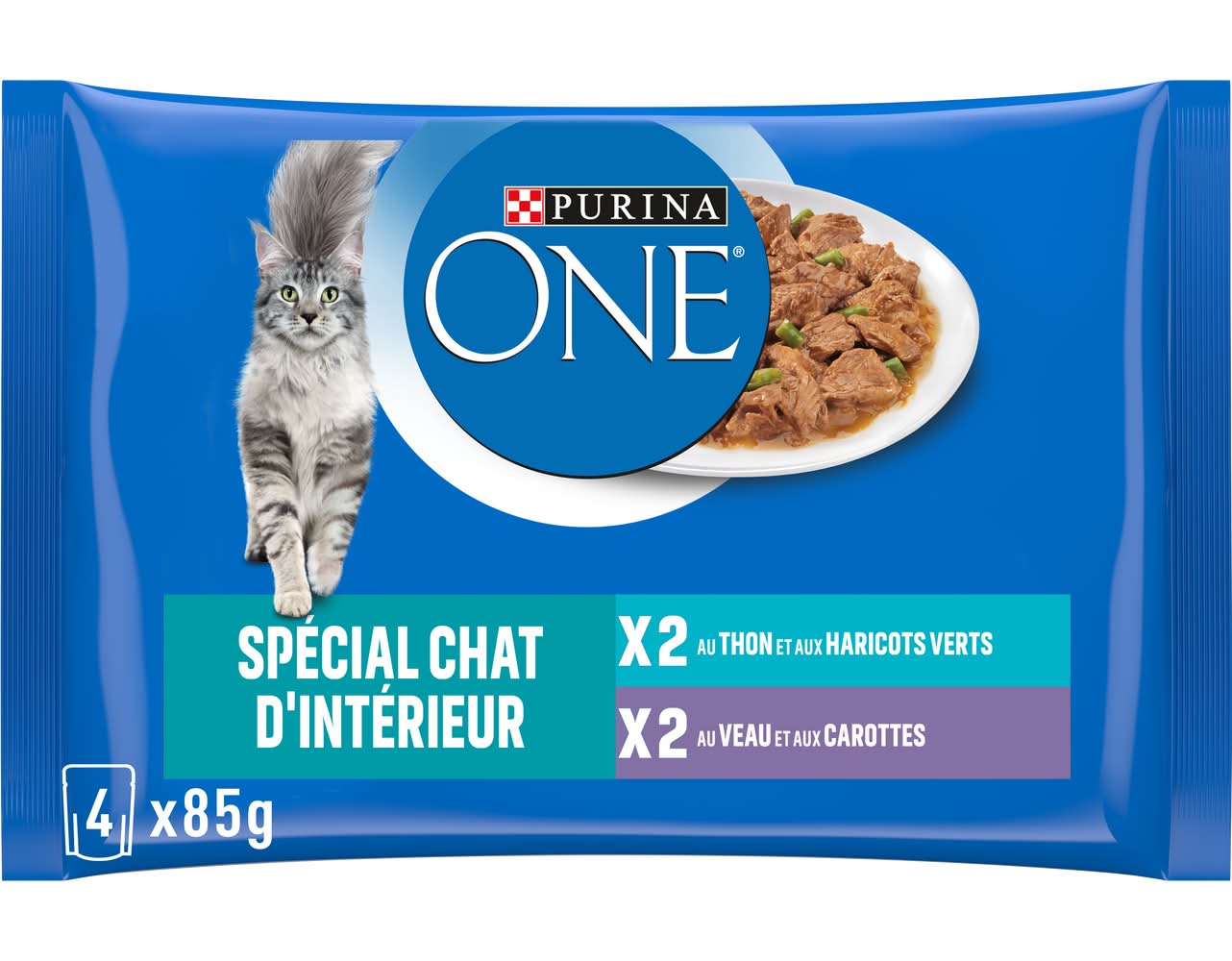 Purina One - Nourriture humide pour chat d'intérieur, thon & haricots verts-veau & carottes, Adulte (4 x 85g)