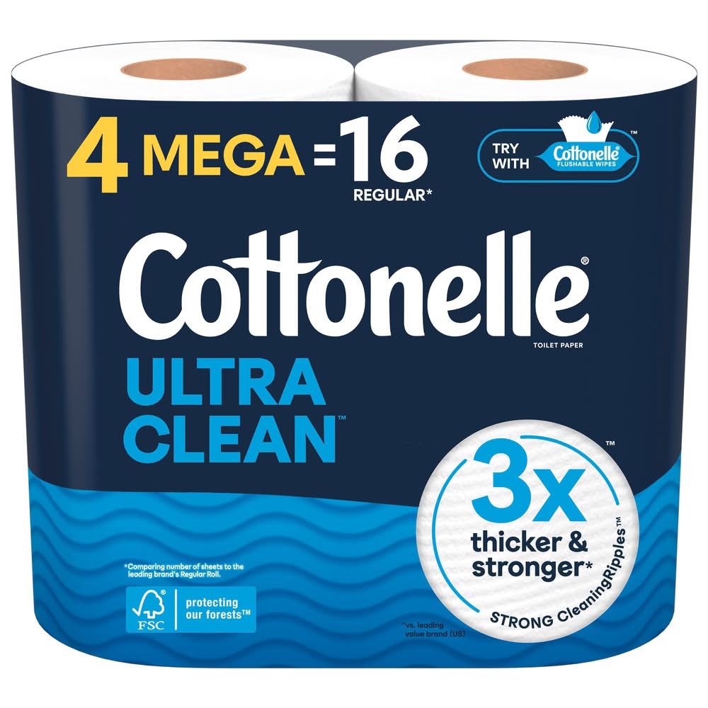 Cottonelle Ultra Clean Strong Flushable Mega Toilet Paper, 3.82x4 in (4 ct)