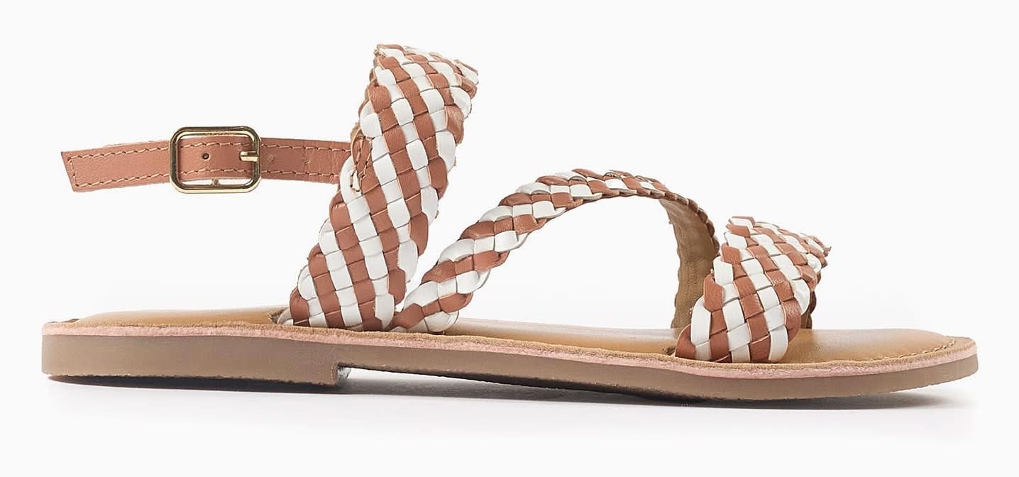 Sandálias De Pele Com Tiras Entrançadas Para Menina, Camel/Branco (Bege - 26)