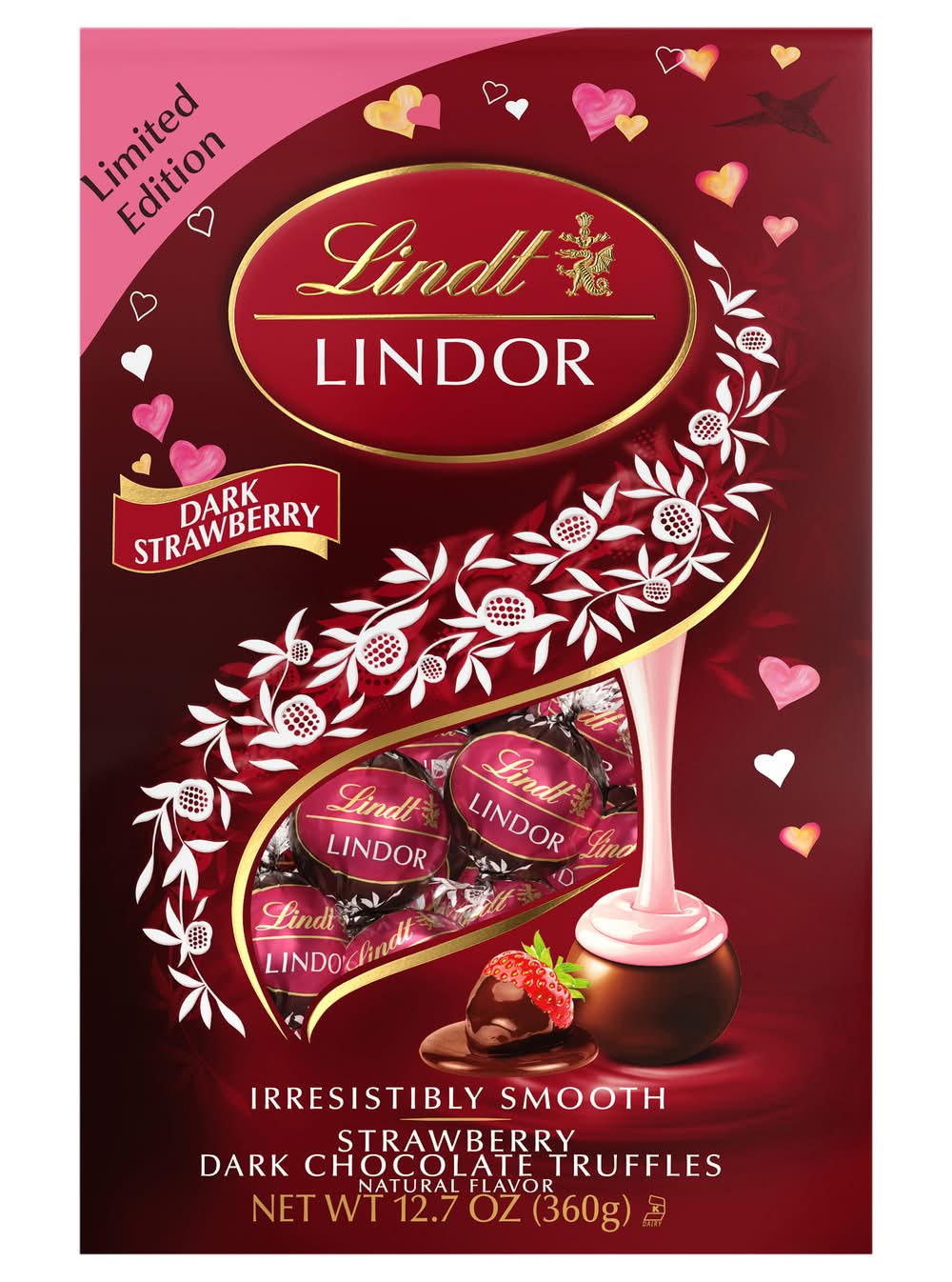 Lindt Lindor Valentine's Dark Chocolate Candy Truffles Bag, Strawberry (12.7 oz)