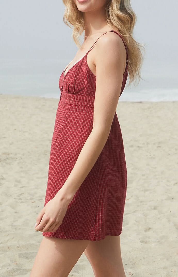 kala burgundy plaid button-front mini dress pockets real 100% Cotton Red Plaid Mini Dress - All Dresses