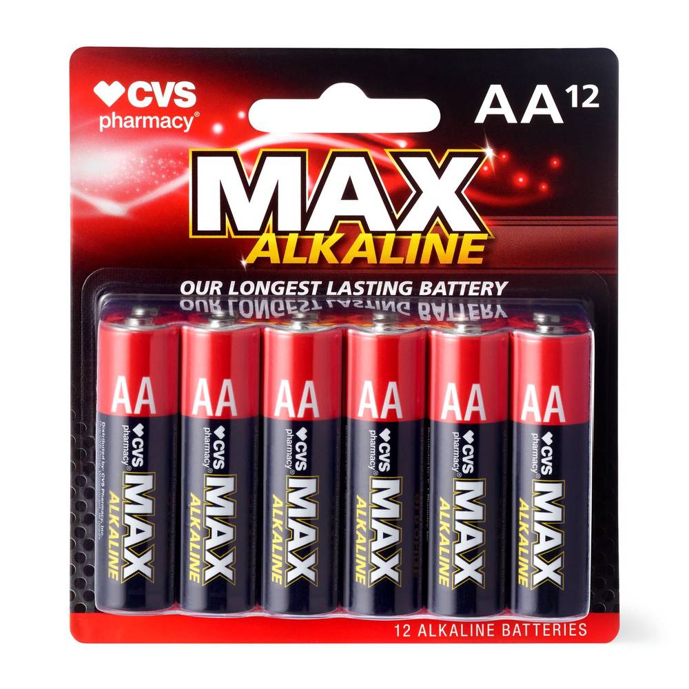 Cvs Max Alkaline Batteries, Aa, 1.5 Volt, 12 Ct