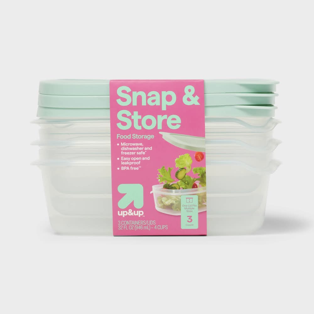up&up Snap & Store Rectangle Food Storage Containers 32 Floz, Medium, Mint Green (3 ct)
