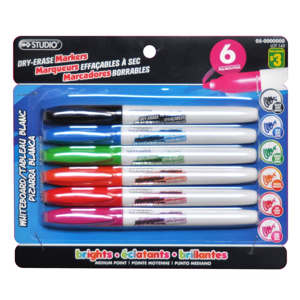 Dry-Erase Markers (Asst. colours), 6Pack
