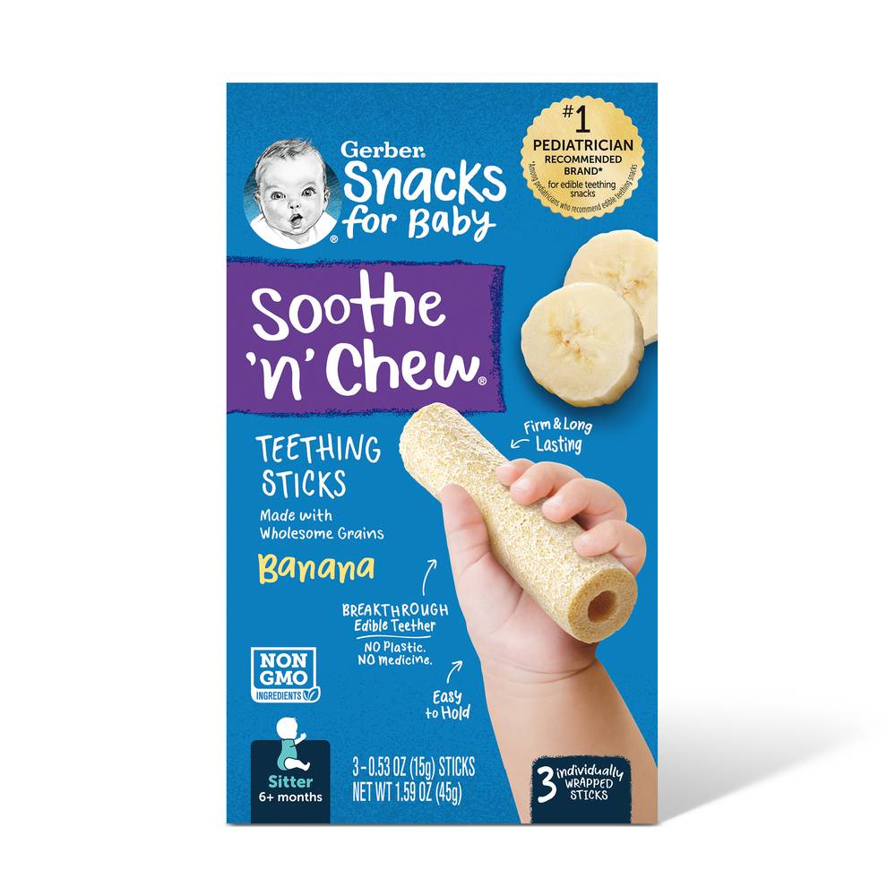 Gerber Snacks For Baby Soothe 'N' Chew Teething Sticks, Banana (1.59 oz, 3 ct)