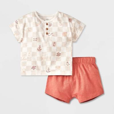 Baby Boys' Short Sleeve Top & Bottom Set - Cat & Jack™ Cream 12M: Lightweight Cotton Knit, Elastic Waist Shorts