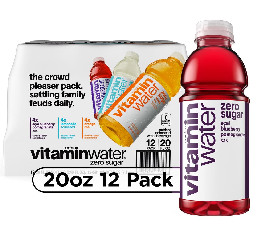 Vitaminwater Zero Sugar Nutrient Enhanced Water Variety pack, Acai Blueberry Pomegranate-Lemonade-Orange (12 x 20 fl oz)
