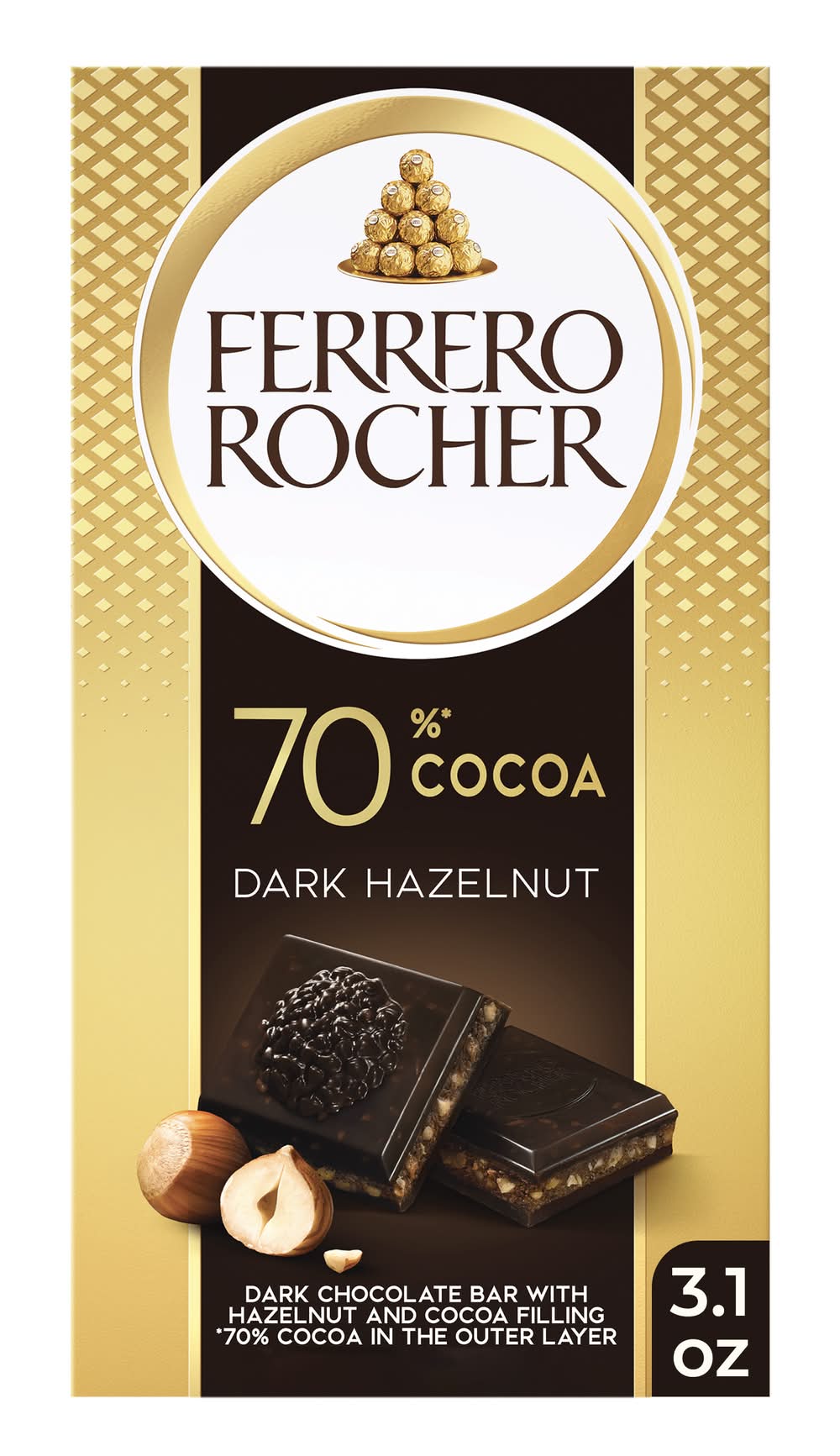 Ferrero Rocher 70% Cocoa Dark Chocolate Bar With Cocoa Filling, Hazelnut (3.1 oz)