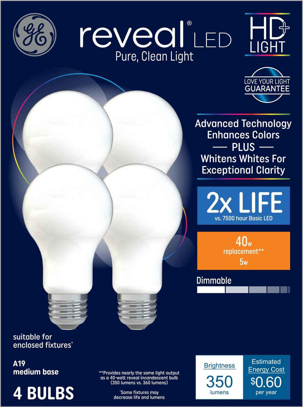 GE Reveal HD 40-Watt EQ A19 Color-enhancing Medium Base (e-26) Dimmable LED General Purpose Light Bulb (4-Pack) | 44906