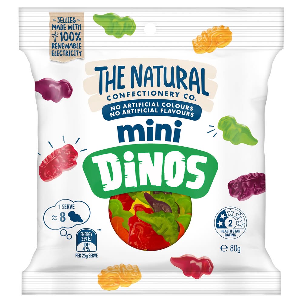 The Natural Confectionery Co. Mini Dinos Jellies, Apple Raspberry Orange Blackcurrant (80g)