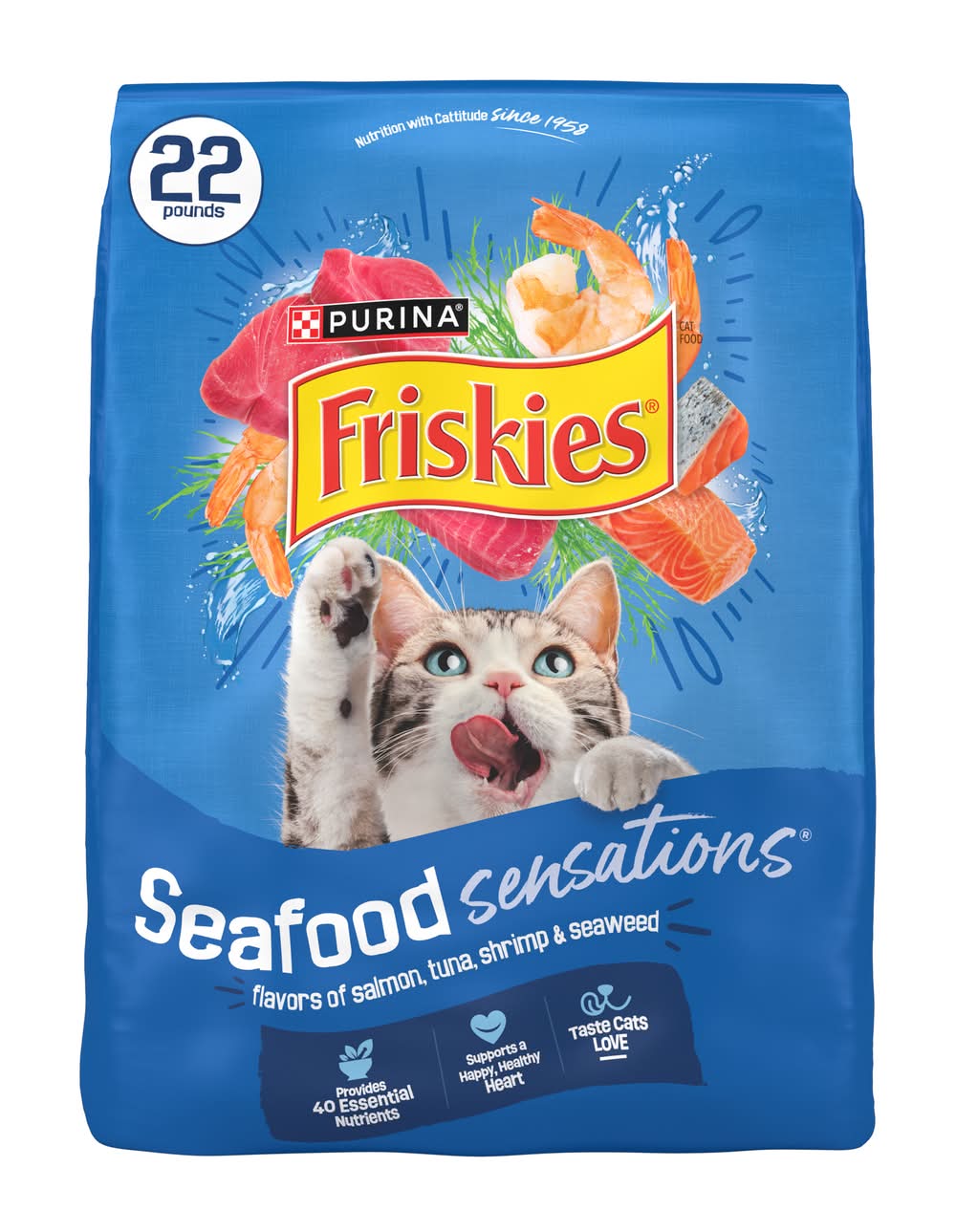 Purina Friskies Seafood Sensations Dry Cat Food, Salmon, Tuna, Shrimp & Seaweed (22 lbs)