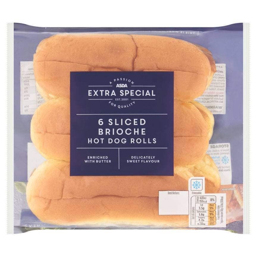 Asda Extra Special 6 Sliced Brioche Hot Dog Rolls