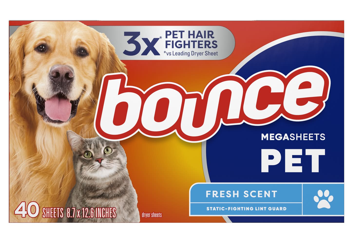 Bounce Pet Hair & Lint Guard Mega Dryer Sheets, Fresh, 8.7x12.6 in (40 ct)