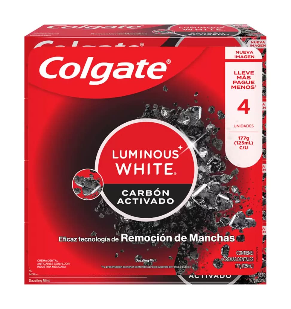 Colgate · Luminous white crema dental anticaries con flúor y carbón activado (4 x 125 ml)