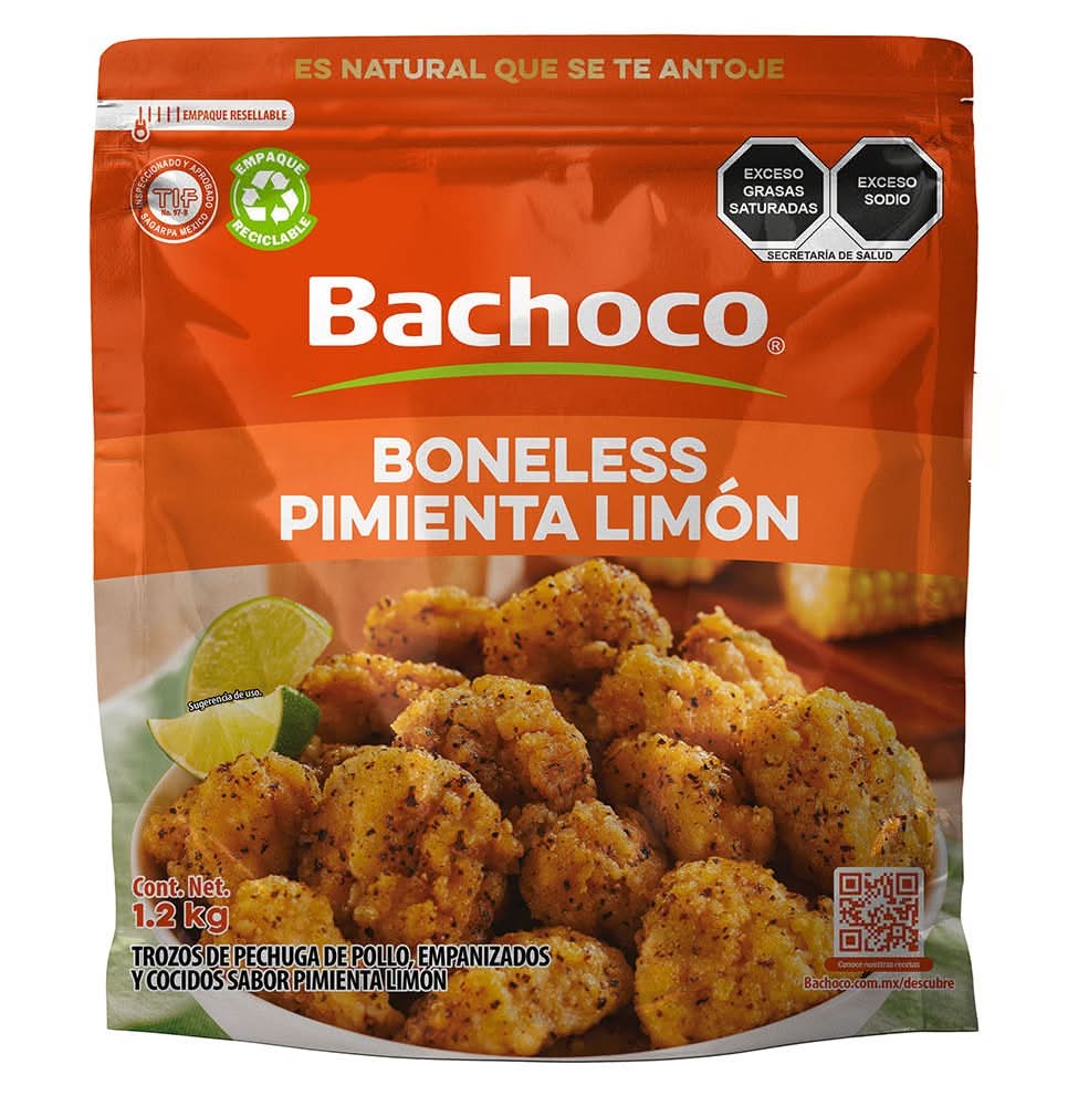 Bachoco · Boneless trozos de pechuga de pollo empanizados y cocidos, pimienta-limón (1,2 kg)