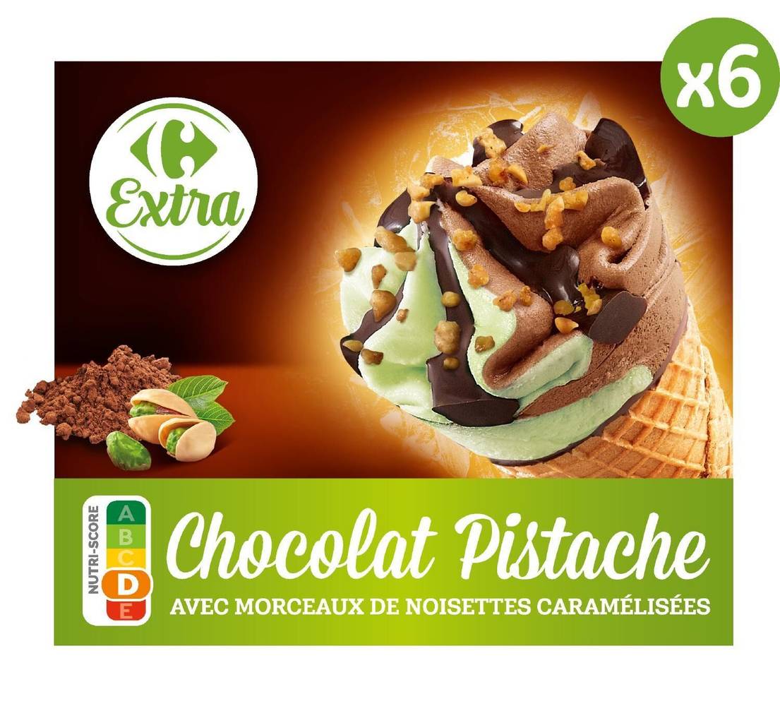 Glaces chocolat pistaches CARREFOUR EXTRA - la boite de 6 - 411,4g